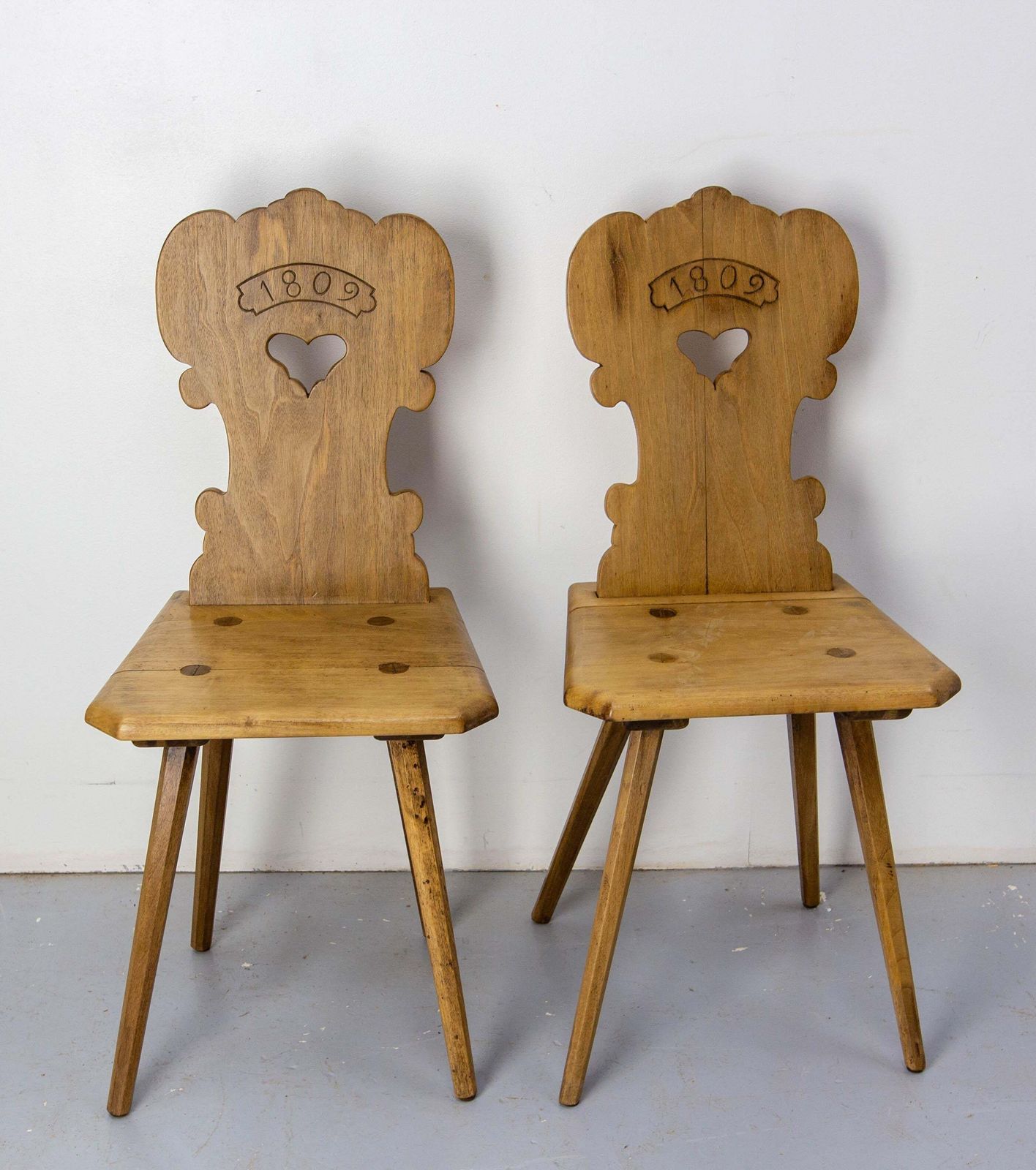 Midcentury French Pair Of Side Poplar Chairs Swiss Alp Style, Early 19th Century photo furniture