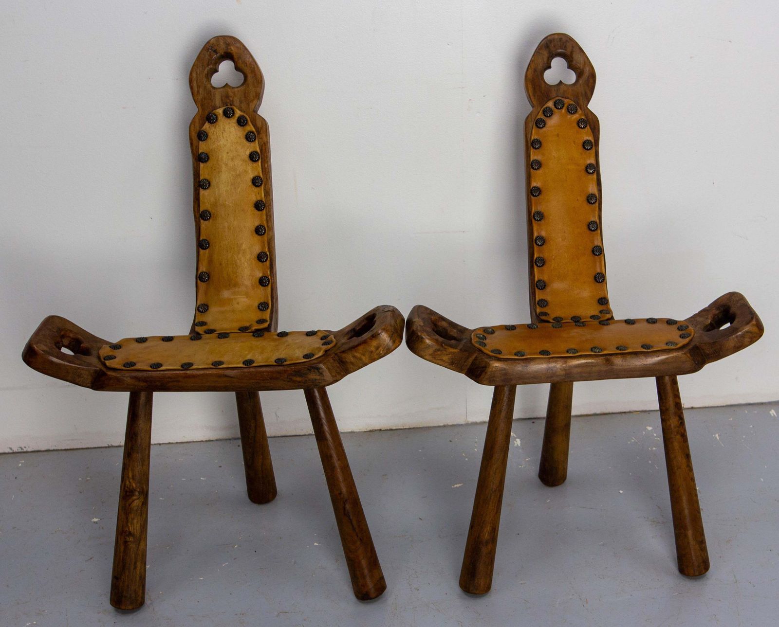 Pair Of Spanish Tripod Chairs Three Legs Poplar & Leather Midcentury photo furniture
