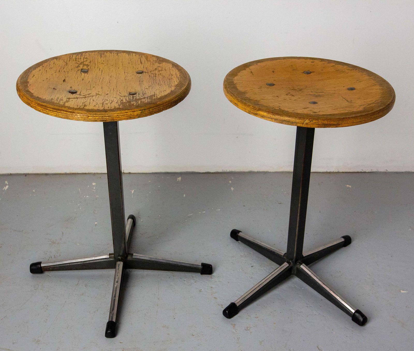 Nertherlands Pair Of Scholar Stools From Amsterdam Beech And Metal, Circa 1950 photo for sale