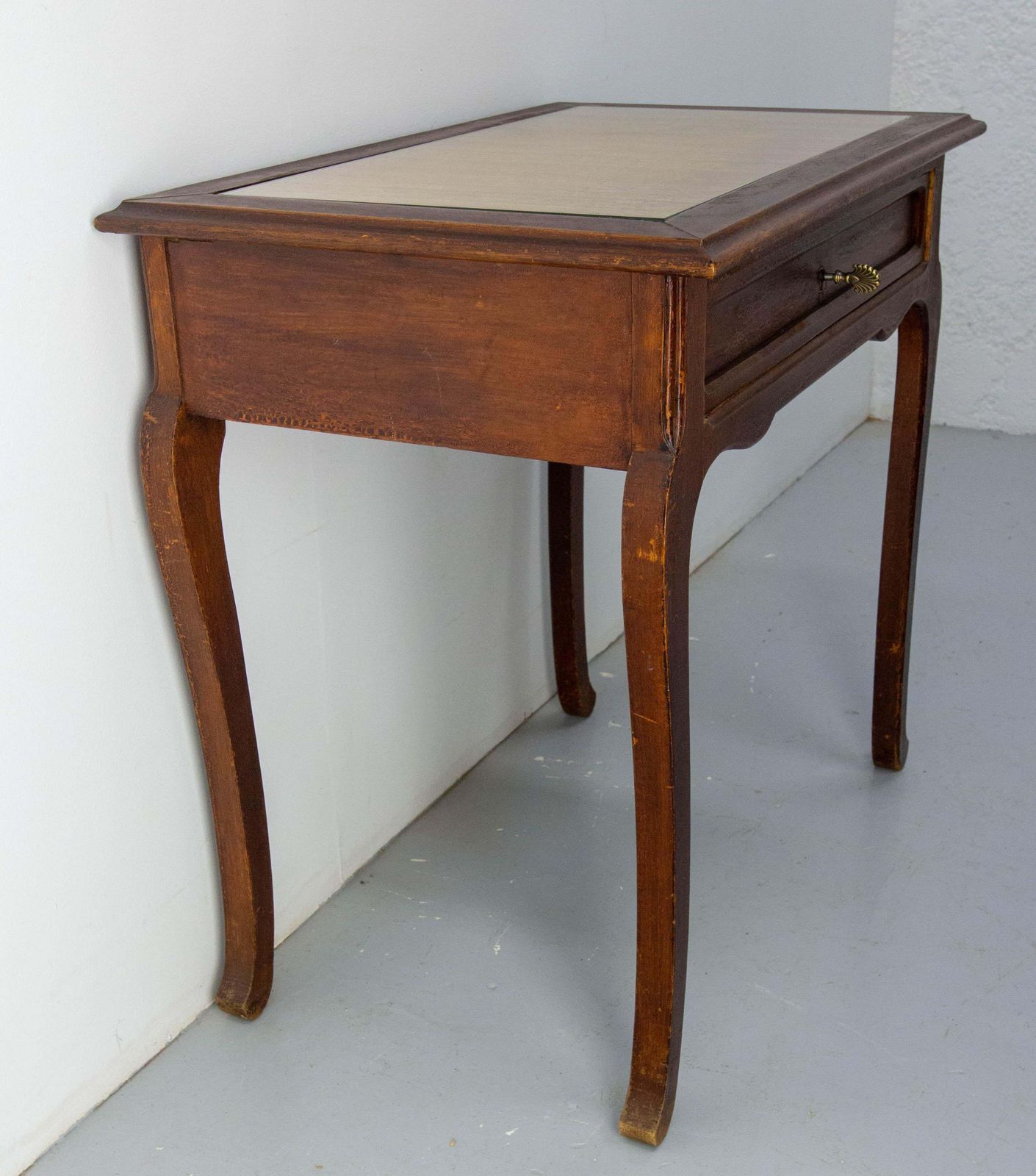French Art Nouveau Wood Side Table Writing Table Glass Top One Drawer, C 1920 photo 1500.0