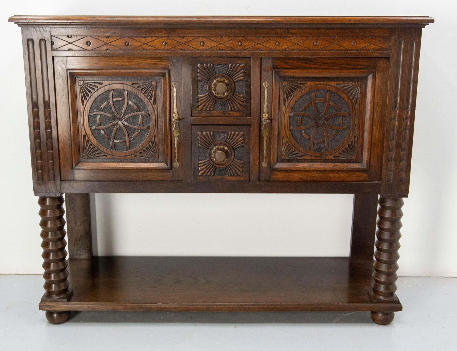 French Vintage Oak & Wrought Iron Buffet Neogothic Style Midcentury photo furniture