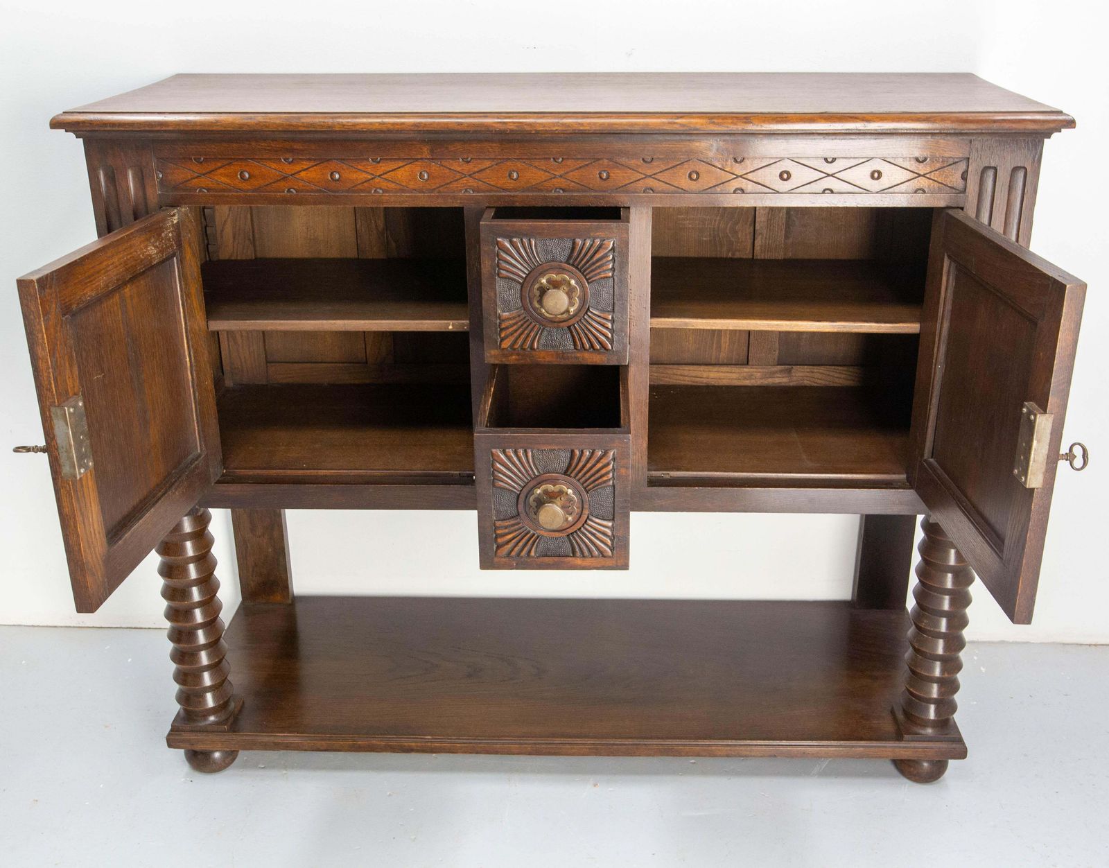 2322.0 French Vintage Oak & Wrought Iron Buffet Neogothic Style Midcentury photo