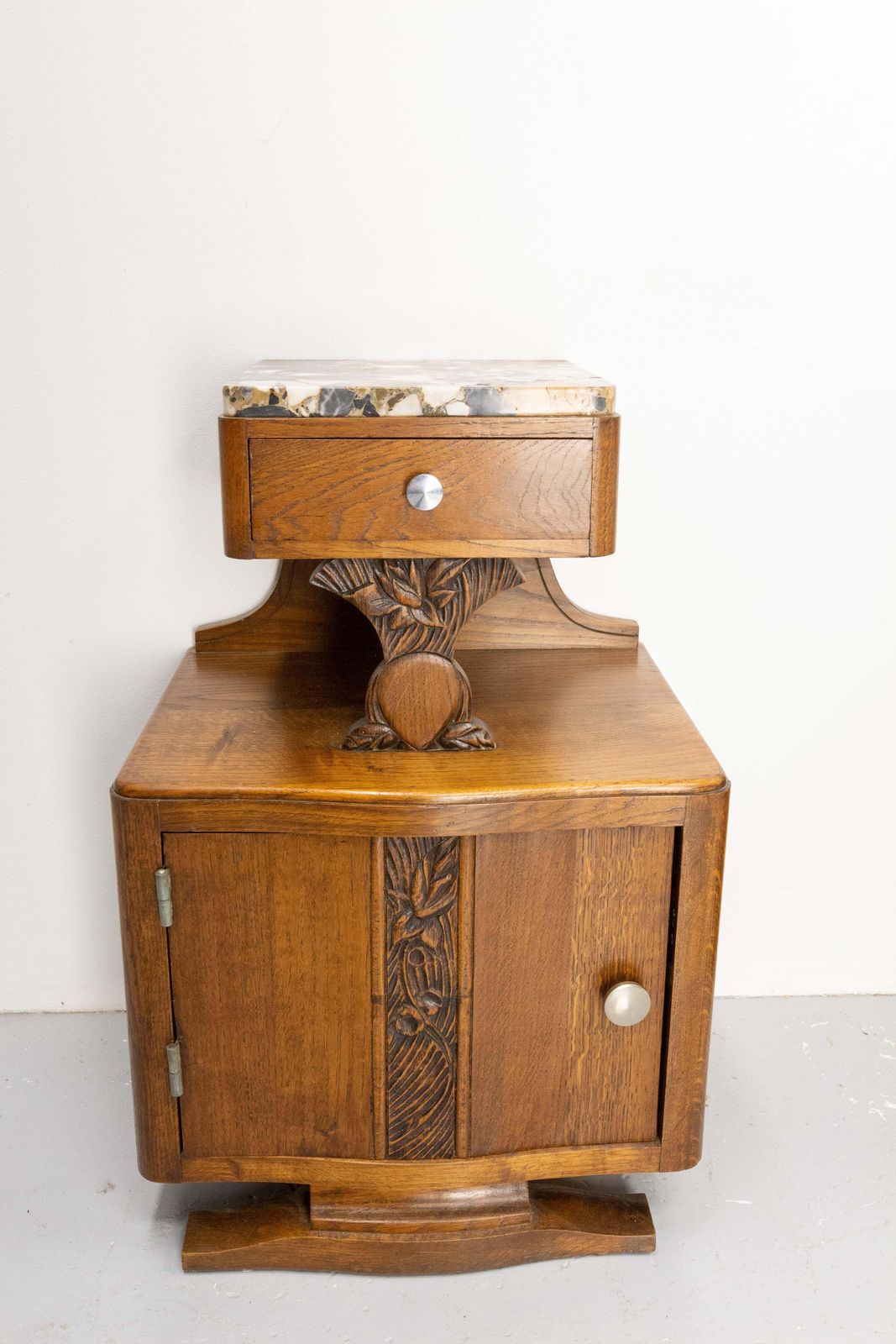 French Pair Of Nightstands Side Cabinets Bedside Oak &Marble Top Midcentury photo Furniture