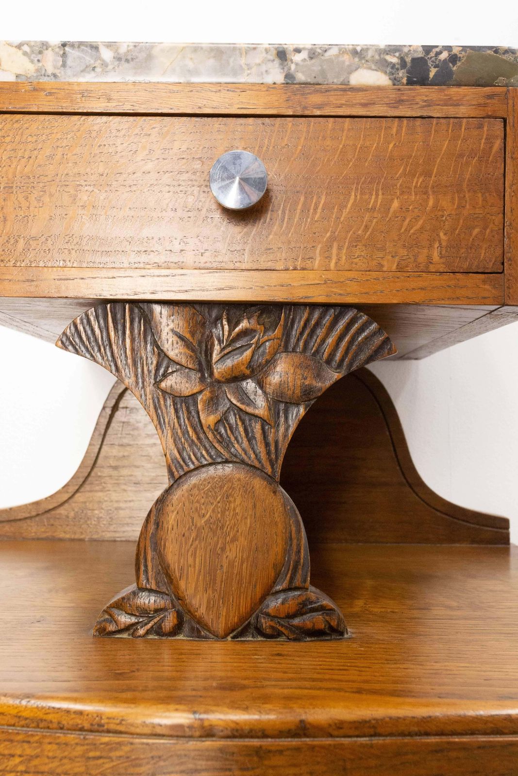 Furniture French Pair Of Nightstands Side Cabinets Bedside Oak &Marble Top Midcentury photo