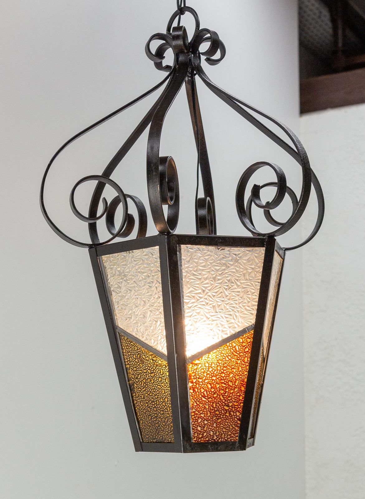 Iron Textured & Colored Glass Ceiling Lamp Lustre French Lantern, Circa 1960 photo for sale
