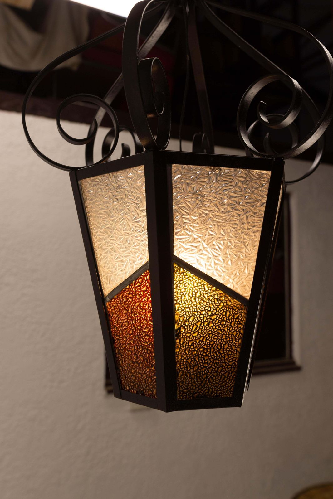Iron Textured & Colored Glass Ceiling Lamp Lustre French Lantern, Circa 1960 photo 629.0