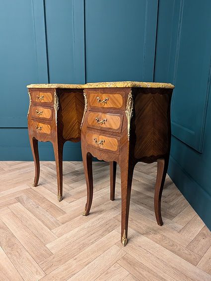 Pair Of Antique Bombé Louis XV Style Marble Top Bedside Cabinets