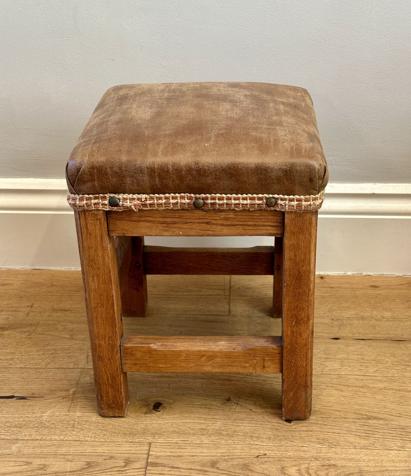 Vintage Small Square Leather And Wood Foot Stool photo furniture