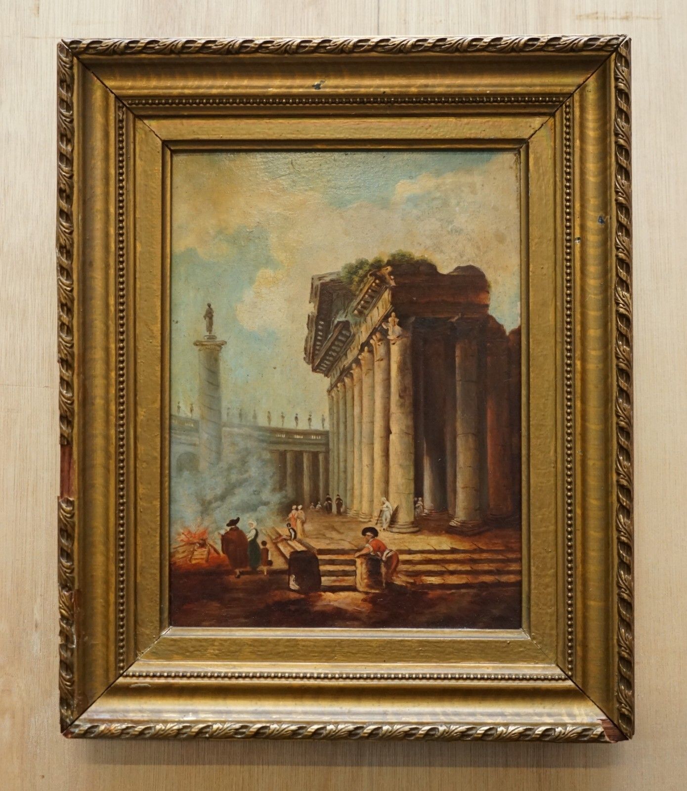 Antique Grand Tour Marcus Aurelius Statue Corinthian Pillar Roman Oil Painting