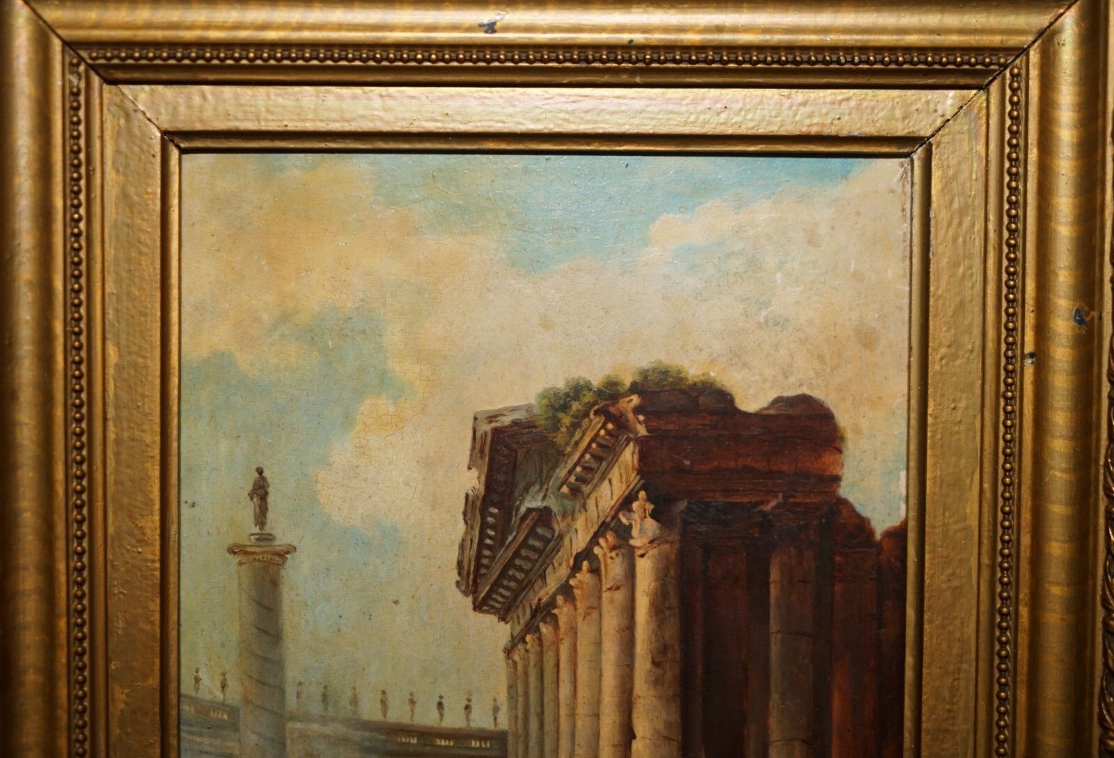 Antique Grand Tour Marcus Aurelius Statue Corinthian Pillar Roman Oil Painting photo for sale