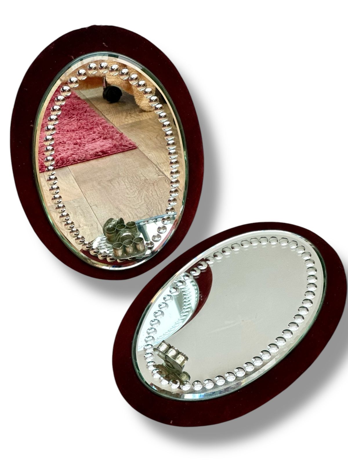 Pair 19th Century Irish Sorcerers Mirrors With Candle Sconces In Red Velvet Frame