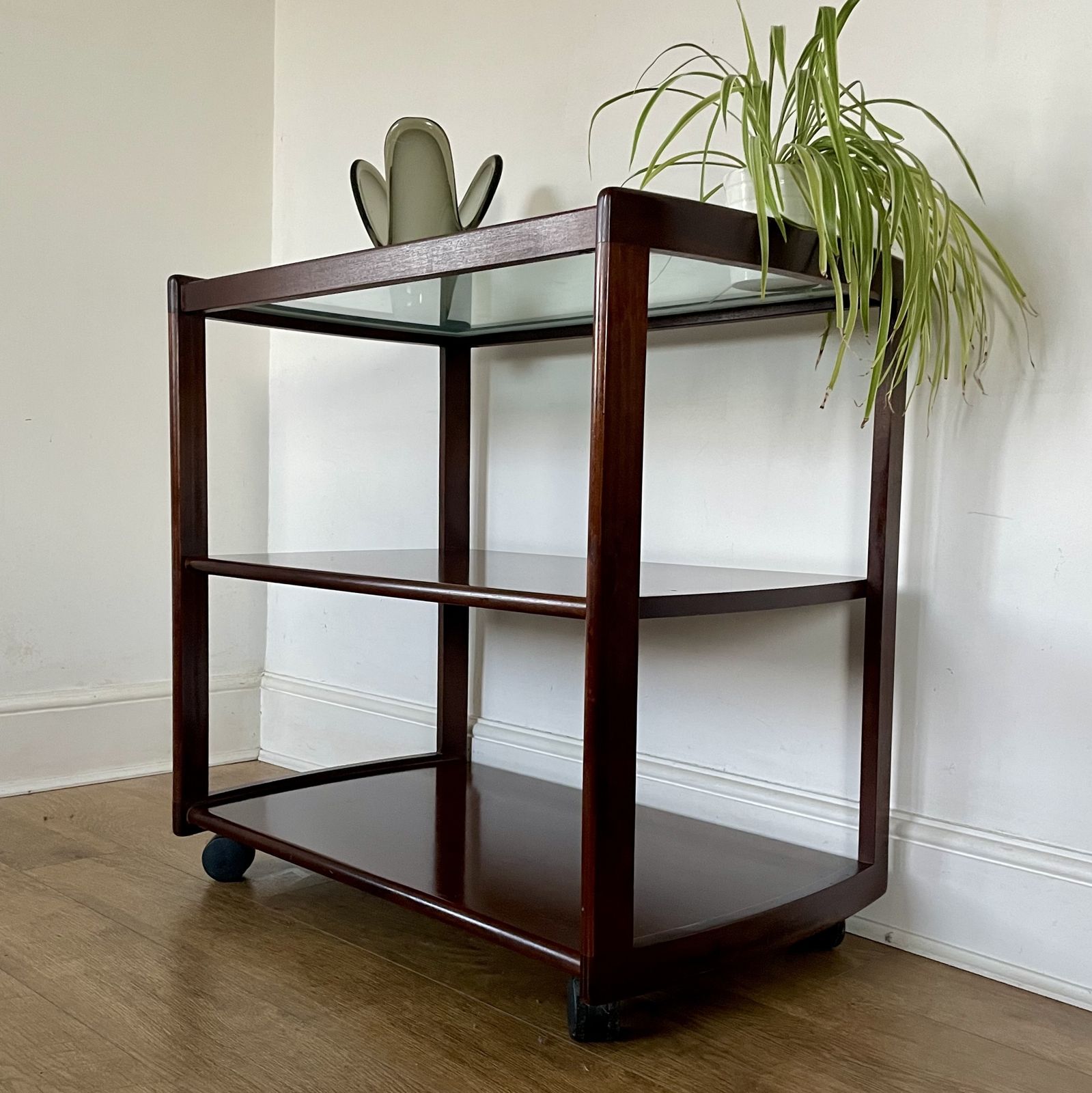 Mid Century Mahogany Glazed  Serving Cart On Danish Kevi Castors photo furniture