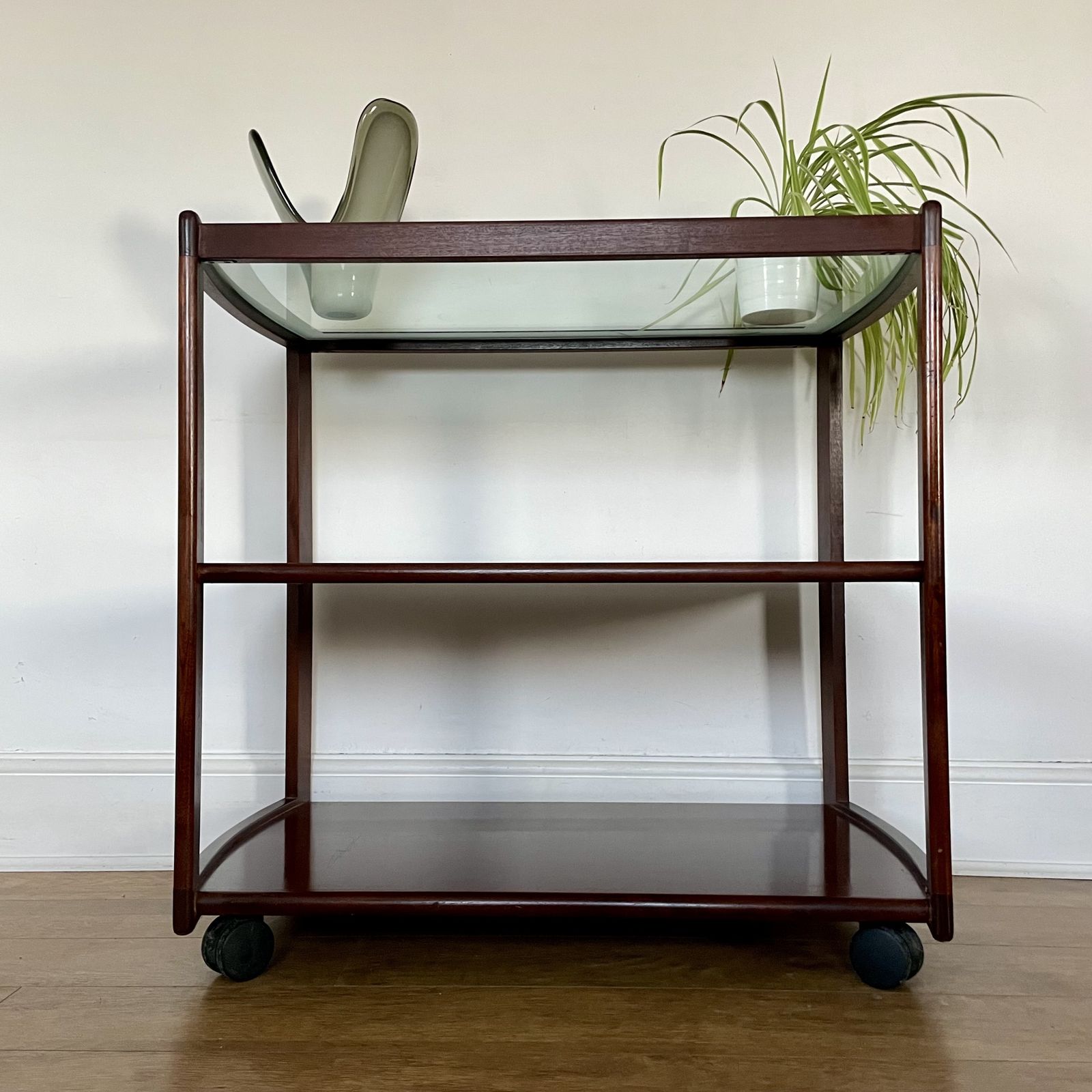 Mid Century Mahogany Glazed  Serving Cart On Danish Kevi Castors photo for sale