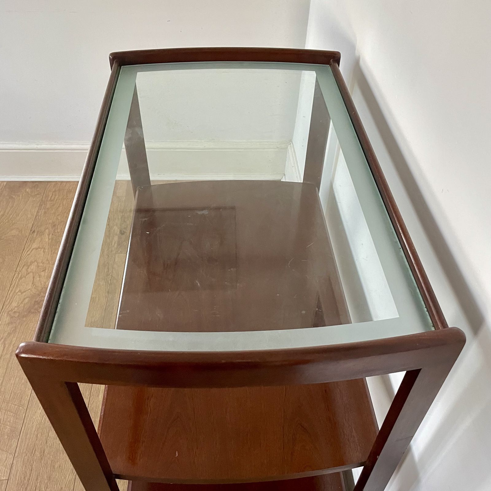 Mid Century Mahogany Glazed  Serving Cart On Danish Kevi Castors photo buy