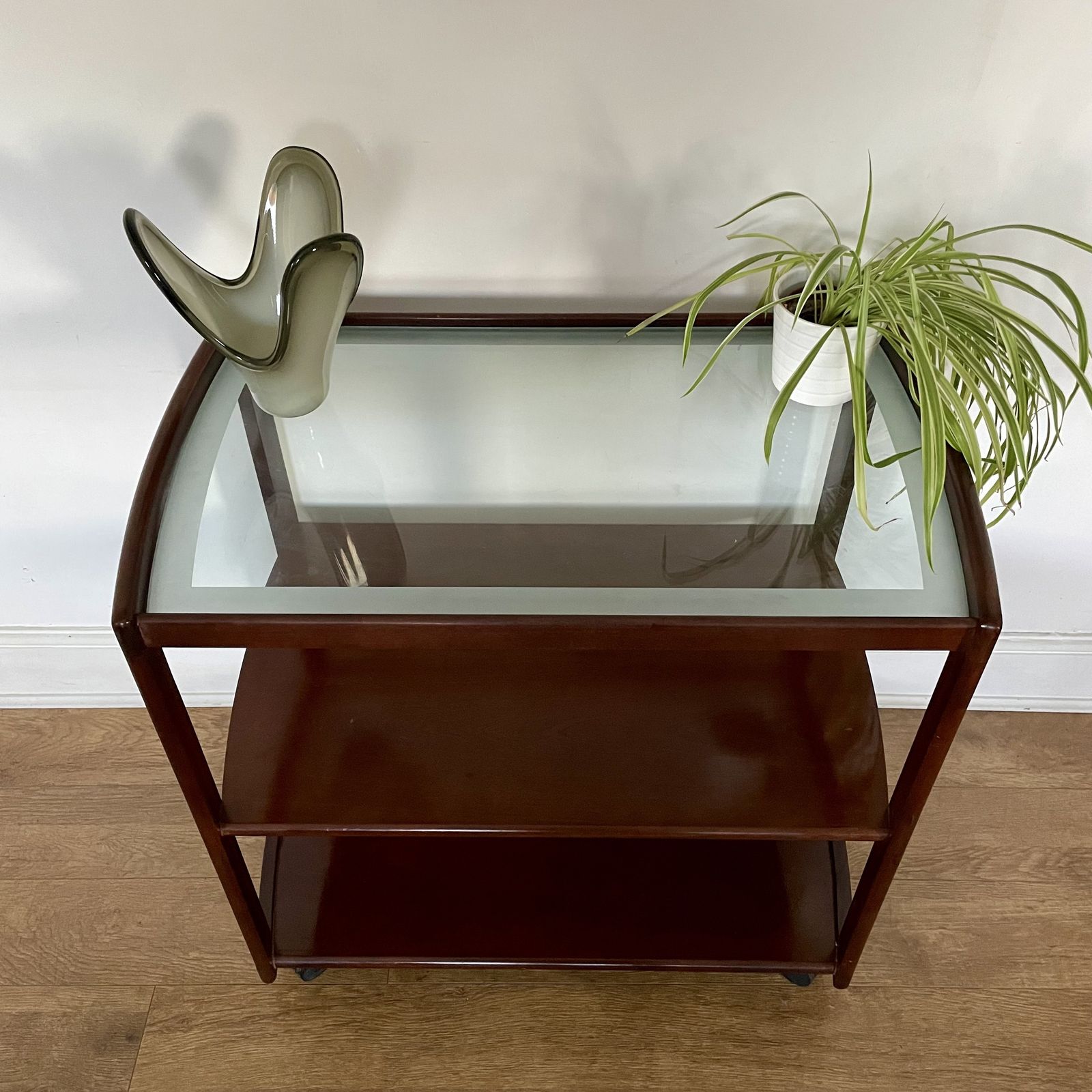 photo furniture Mid Century Mahogany Glazed  Serving Cart On Danish Kevi Castors