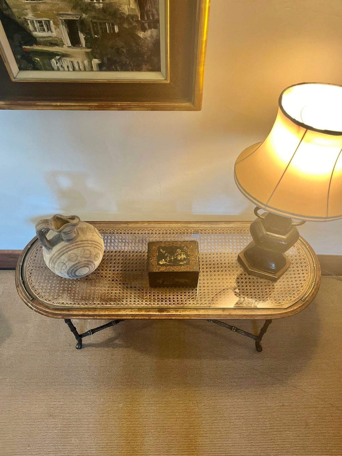Vintage Mid Century French Coffee Table C.1950 Caned Glass Top Faux Bamboo Base photo Furniture
