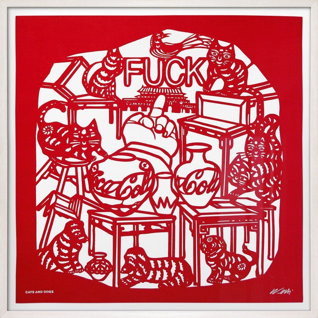 Ai Weiwei, Cats And Dogs, Red & White, 90cm, Framed Silk Scarf