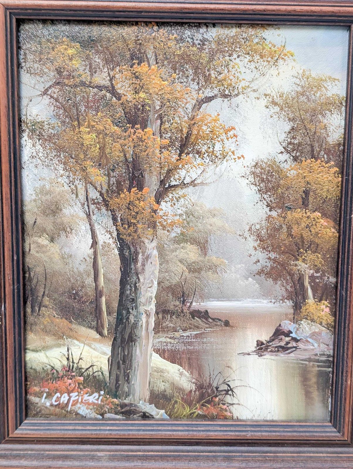 photo furniture Original Vintage 1960s Small Oil Painting Landscape By I.Cafieri. Signed To Bottom Left. River, Woodland, Stream Oil Painting.