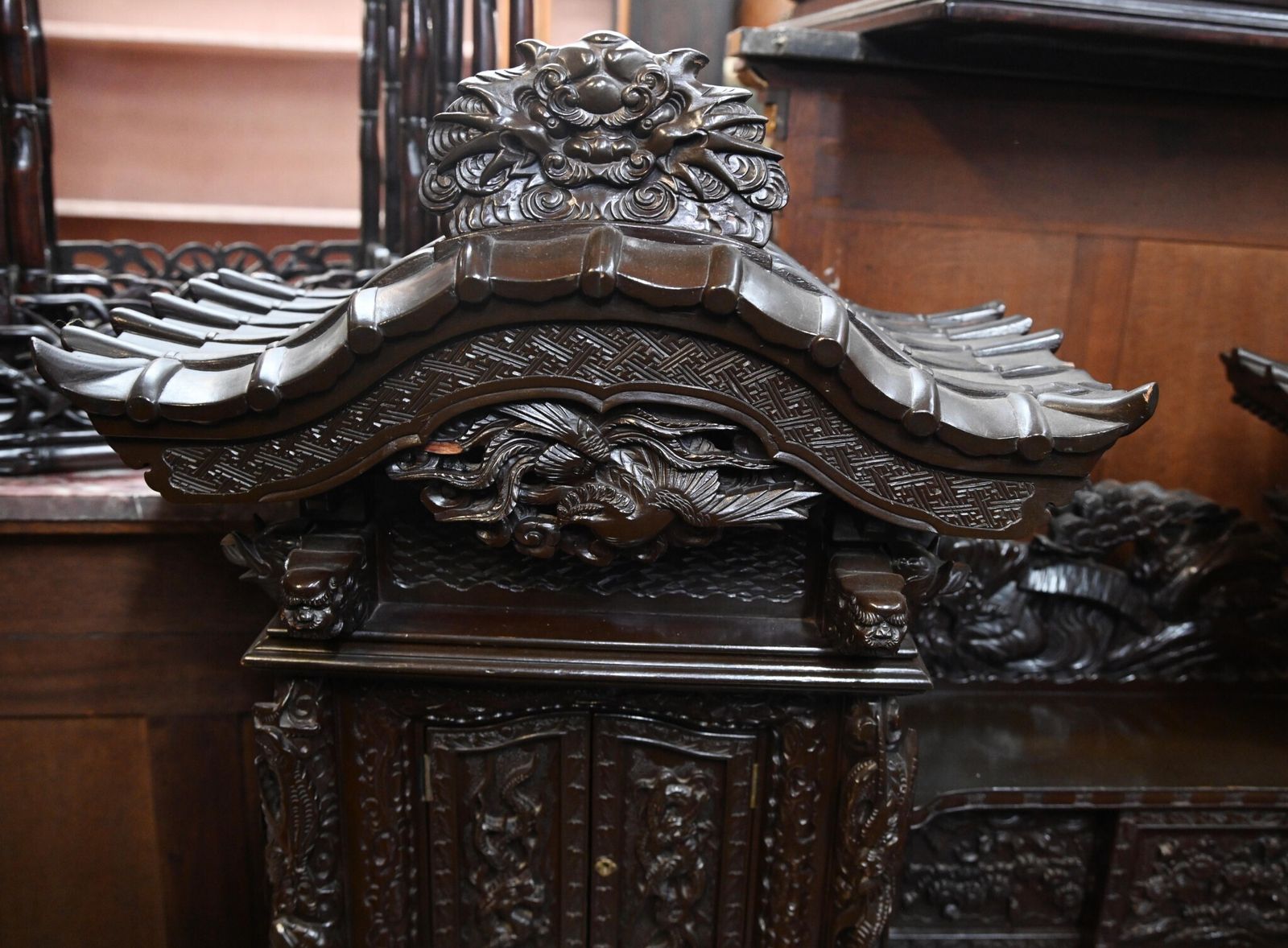 Japanese Carved Desk And Chair Set Hardwood Meije photo for sale