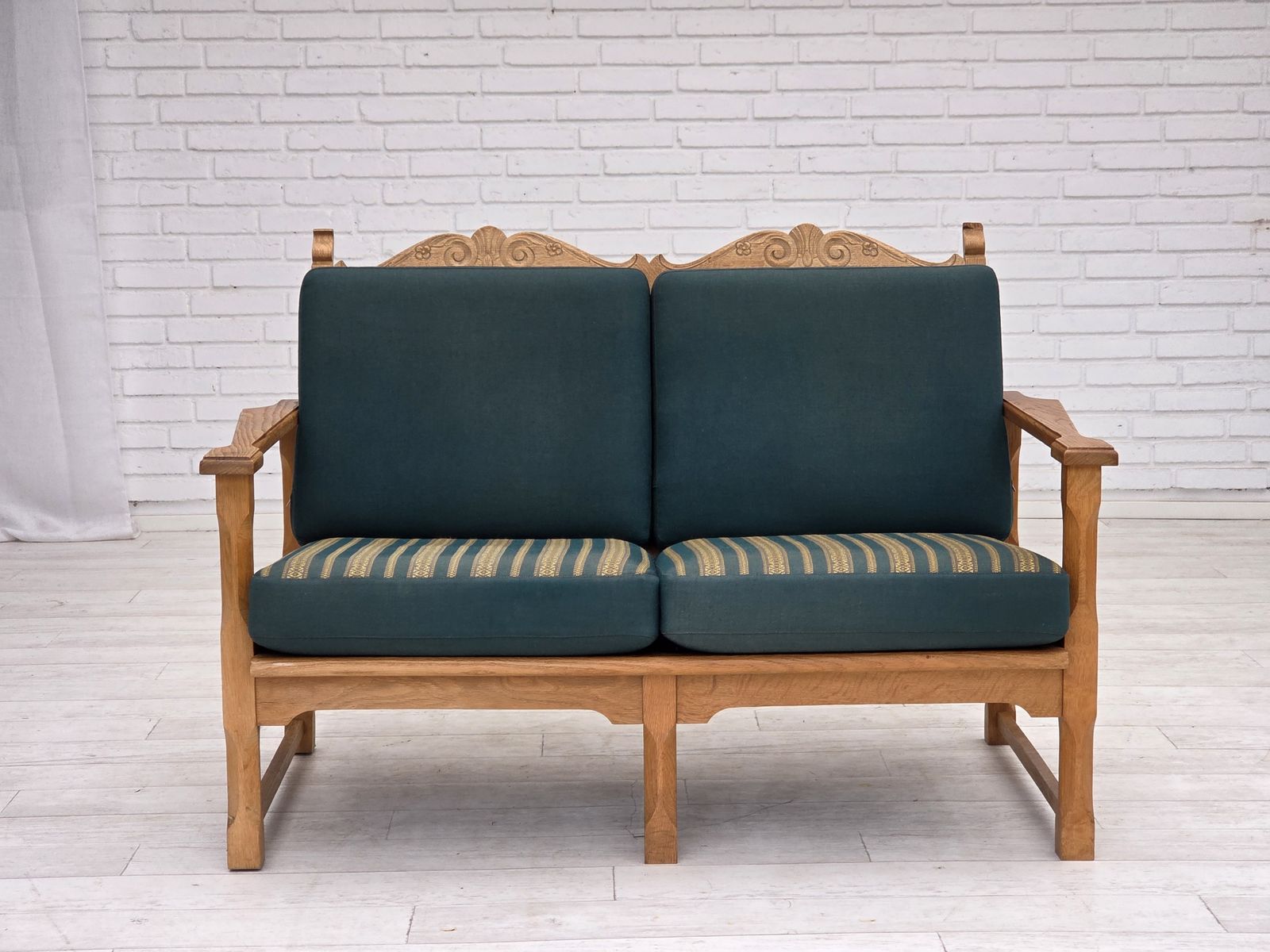 1970s, Scandinavian 2 Seater Sofa, Furniture Wool, Solid Oak Wood. photo furniture