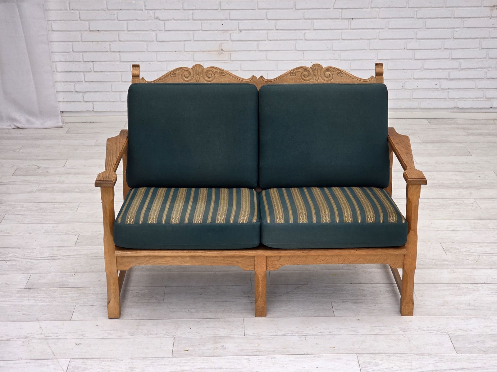 1970s, Scandinavian 2 Seater Sofa, Furniture Wool, Solid Oak Wood. photo Furniture