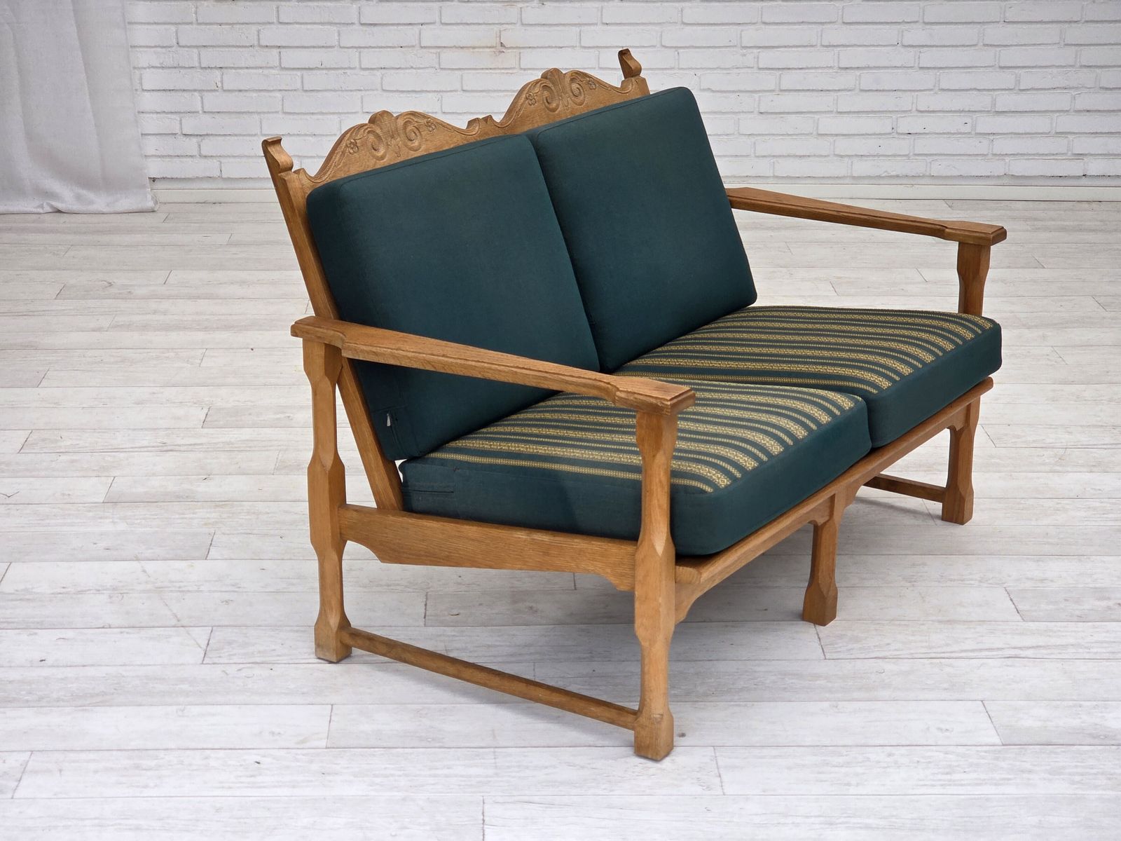 1970s, Scandinavian 2 Seater Sofa, Furniture Wool, Solid Oak Wood. photo vinterior