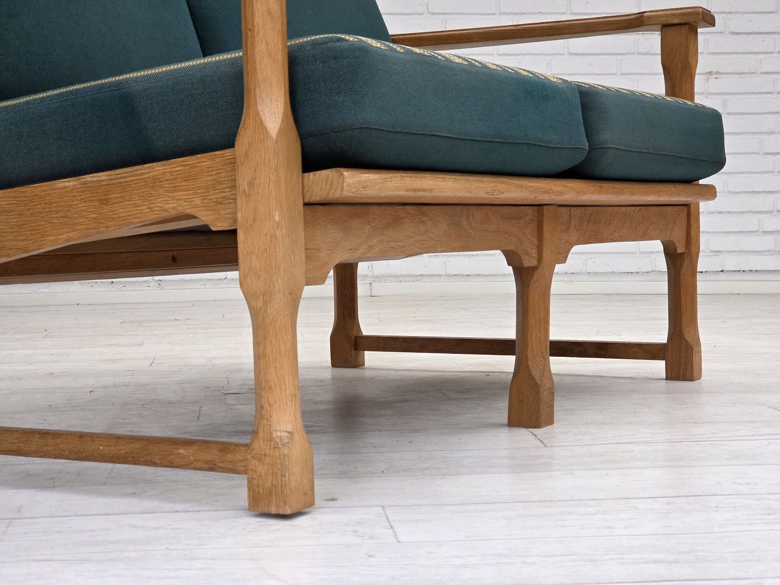 photo furniture 1970s, Scandinavian 2 Seater Sofa, Furniture Wool, Solid Oak Wood.