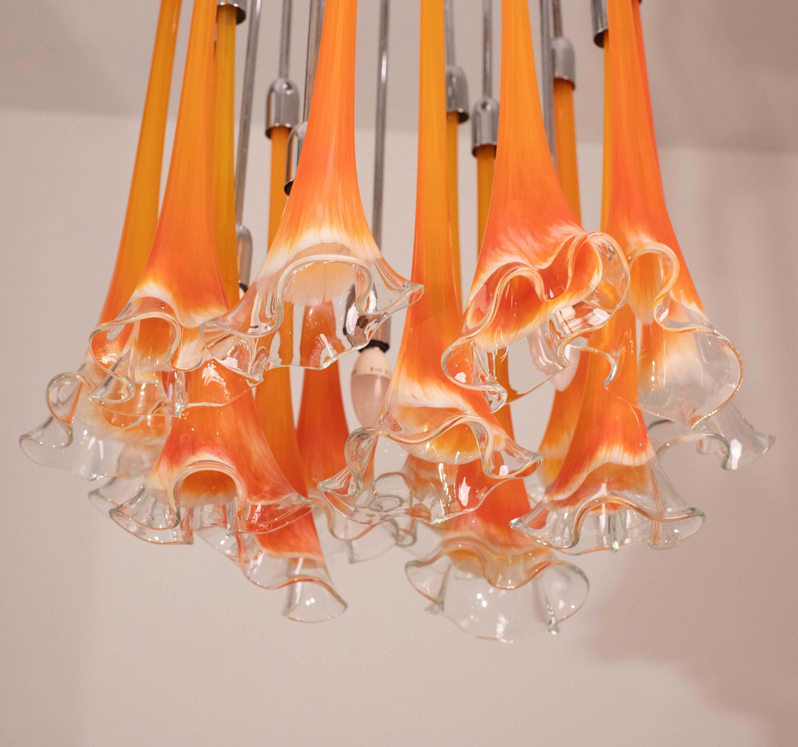 photo for sale Great Design Murano Glass Orange Chandelier “Calle” By Venini, 1970