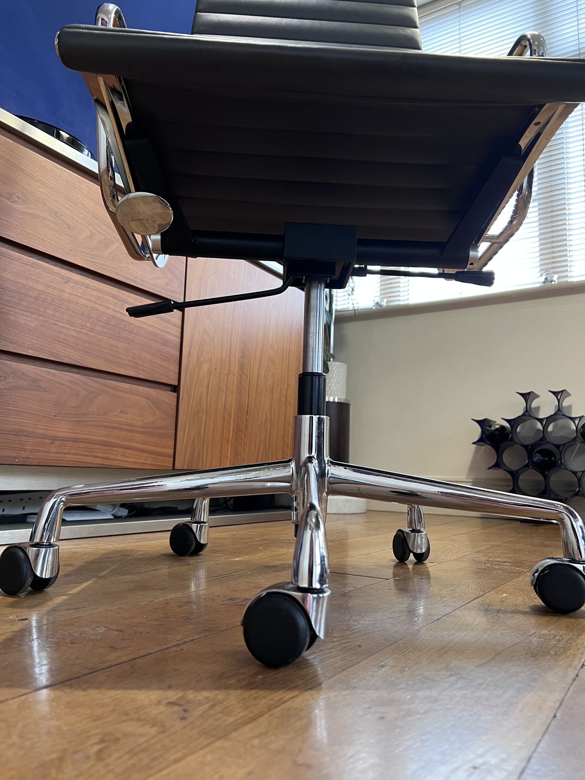 photo for sale Vintage Eames Icf Ea119 Grey Leather Swivel Chrome Office Chair (2 Available)