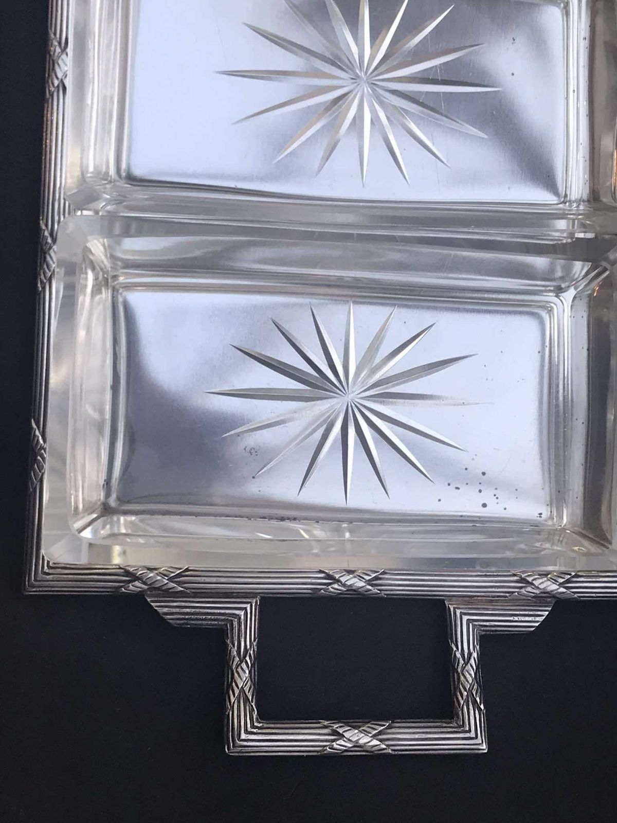 Antique German Serving Tray Appetizers Platter Silver Plated 1870s With Original Crystal Insert Snack Tray Dish Tapas Dips Party Plate photo Home Decor