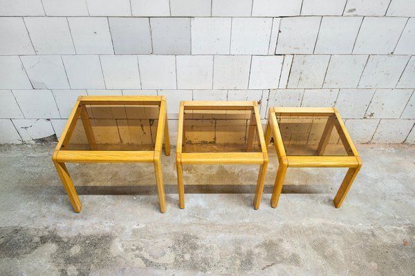Nesting Tables In Wood And Glass, 1970s, Set Of 3 photo for sale