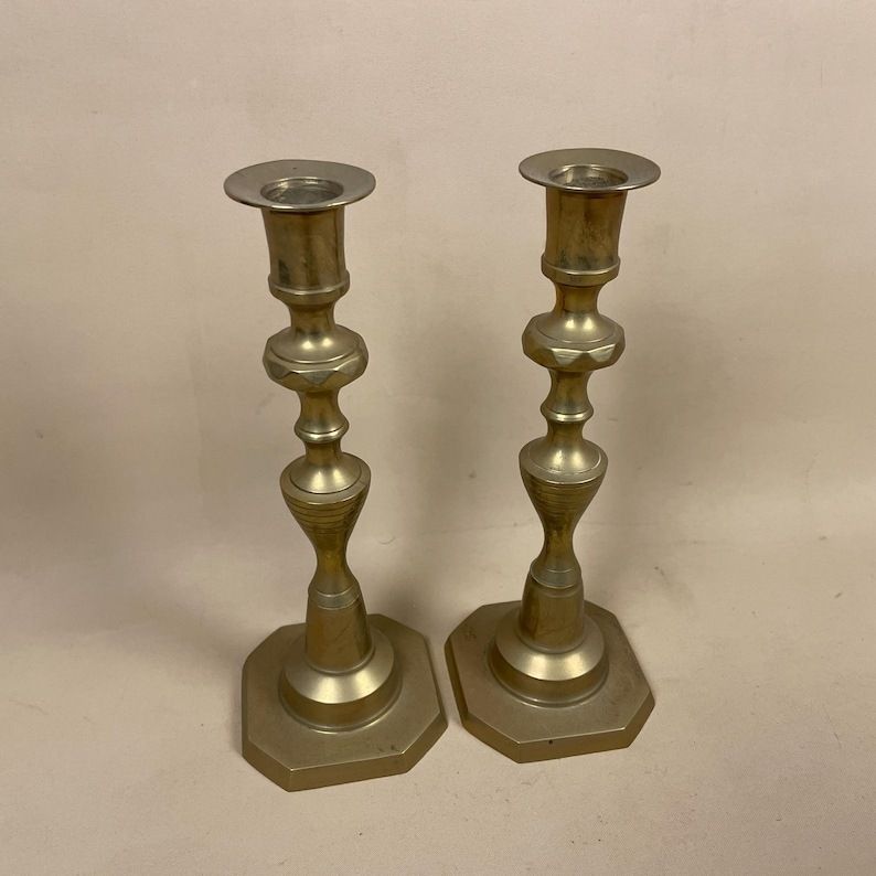 Antique Matching Pair Of Gold Brass Metal Candlestick Candle Stick Vintage Column Taper Dinner Candlesticks Base Pillar photo furniture