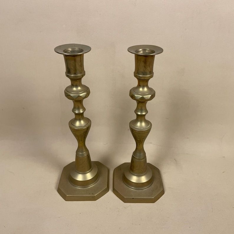 Antique Matching Pair Of Gold Brass Metal Candlestick Candle Stick Vintage Column Taper Dinner Candlesticks Base Pillar photo buy