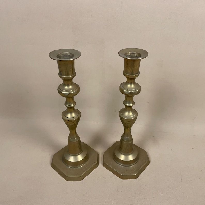 Antique Matching Pair Of Gold Brass Metal Candlestick Candle Stick Vintage Column Taper Dinner Candlesticks Base Pillar photo vintage
