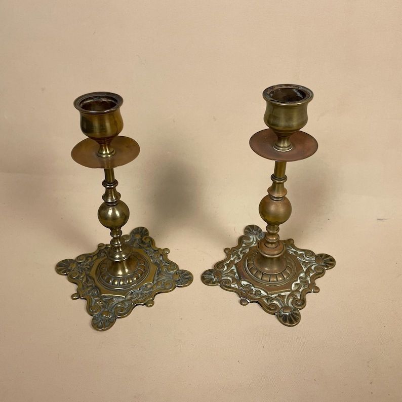 Antique Matching Pair Of Gold Solid Brass Metal Candlestick Candle Stick Vintage Column Taper Dinner Candlesticks Square Base Pillar Ornate