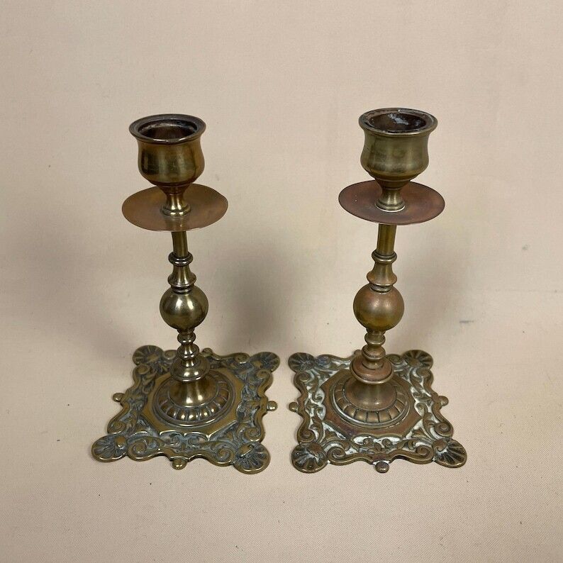 Antique Matching Pair Of Gold Solid Brass Metal Candlestick Candle Stick Vintage Column Taper Dinner Candlesticks Square Base Pillar Ornate photo furniture