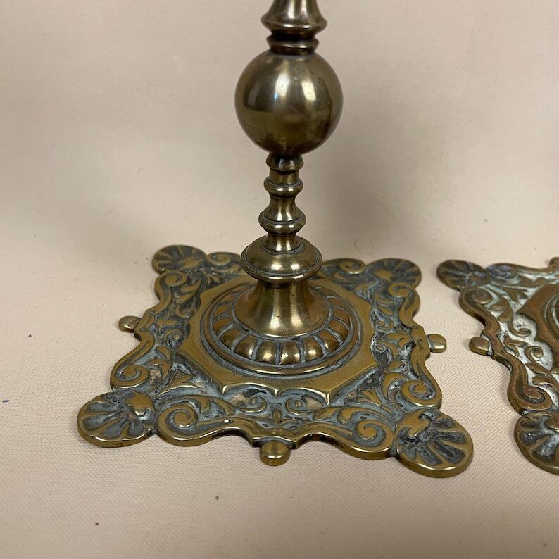 Antique Matching Pair Of Gold Solid Brass Metal Candlestick Candle Stick Vintage Column Taper Dinner Candlesticks Square Base Pillar Ornate photo 59.0