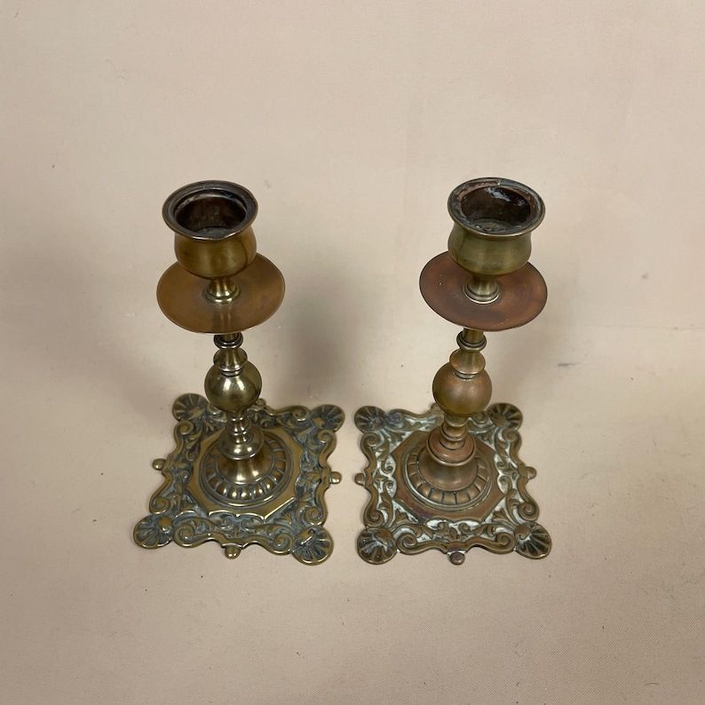 Antique Matching Pair Of Gold Solid Brass Metal Candlestick Candle Stick Vintage Column Taper Dinner Candlesticks Square Base Pillar Ornate photo buy