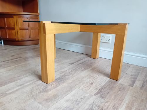 Contemporary French Tempered Glass And Solid Oak Drinks /Coffee Table Of Quality photo for sale
