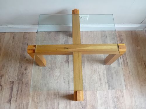 Contemporary French Tempered Glass And Solid Oak Drinks /Coffee Table Of Quality photo Furniture