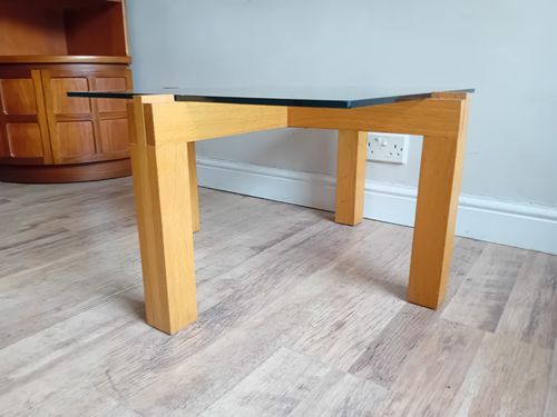 Contemporary French Tempered Glass And Solid Oak Drinks /Coffee Table Of Quality photo vintage