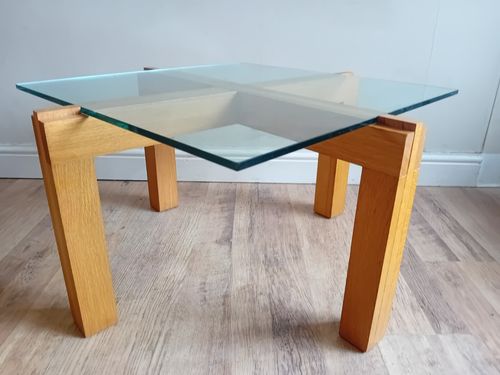 photo for sale Contemporary French Tempered Glass And Solid Oak Drinks /Coffee Table Of Quality
