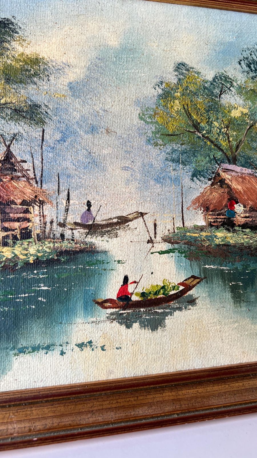 Mid Century Signed Oil Painting – Tranquil Riverside Scene photo buy