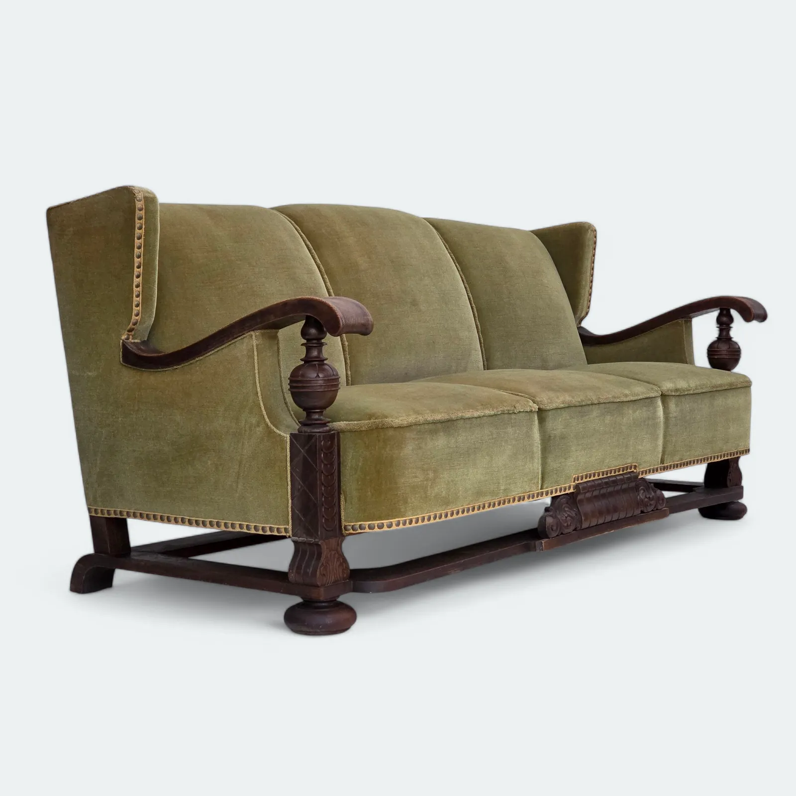 1950s, 3 Seater Danish Sofa, Original Condition, Furniture Velour, Solid Oak Wood.