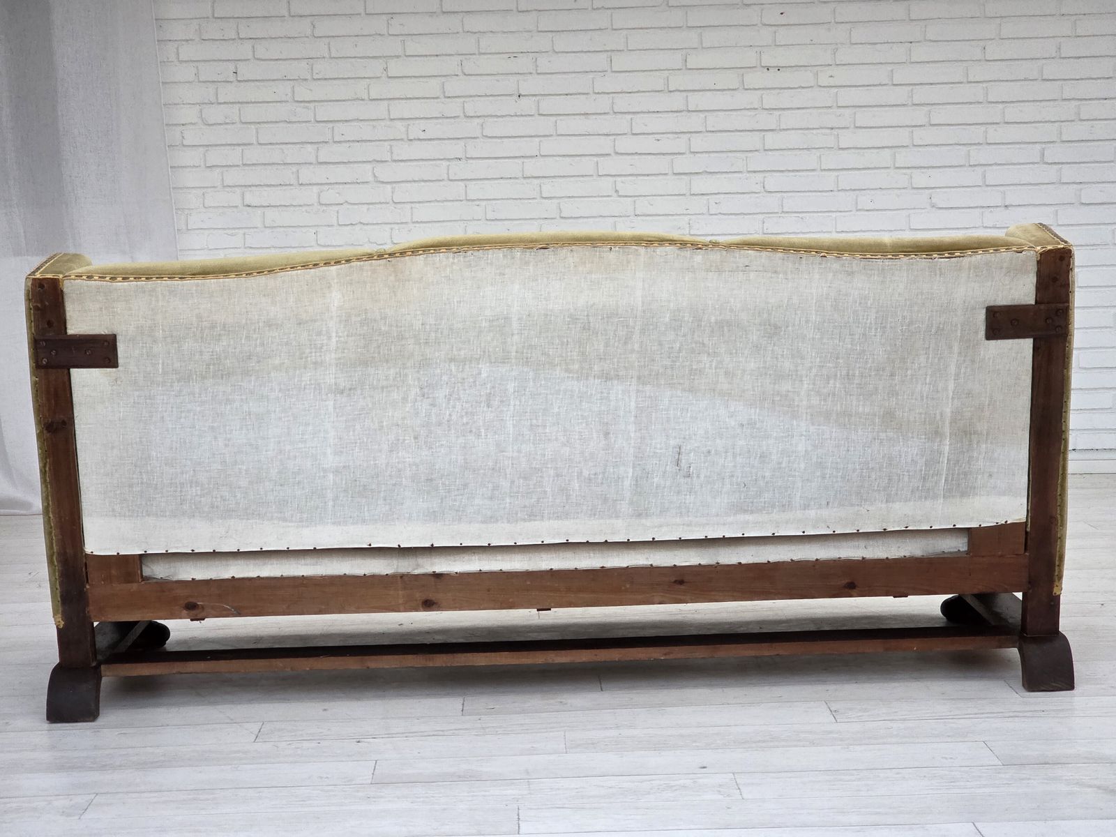 photo for sale 1950s, 3 Seater Danish Sofa, Original Condition, Furniture Velour, Solid Oak Wood.