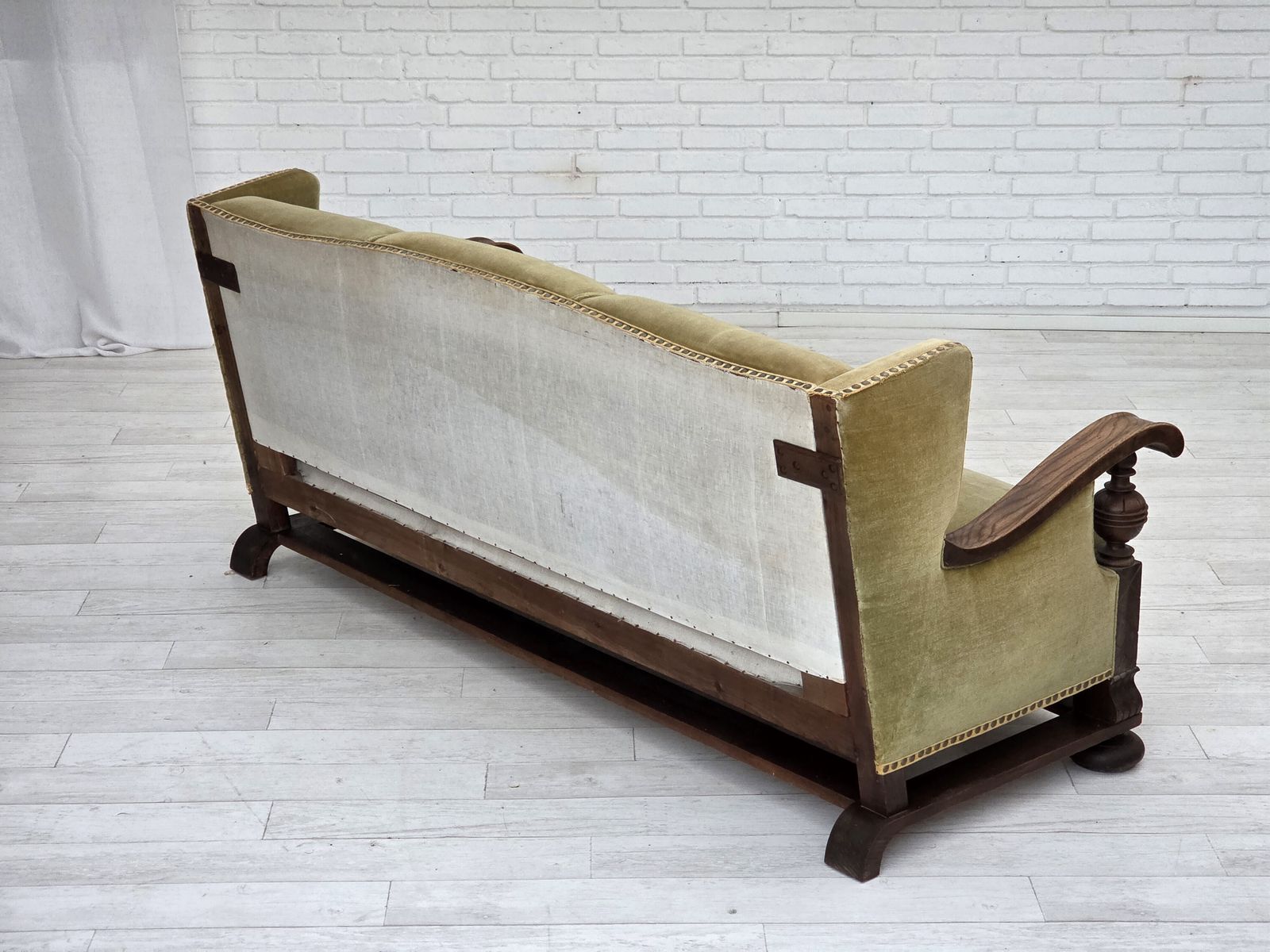 photo buy 1950s, 3 Seater Danish Sofa, Original Condition, Furniture Velour, Solid Oak Wood.