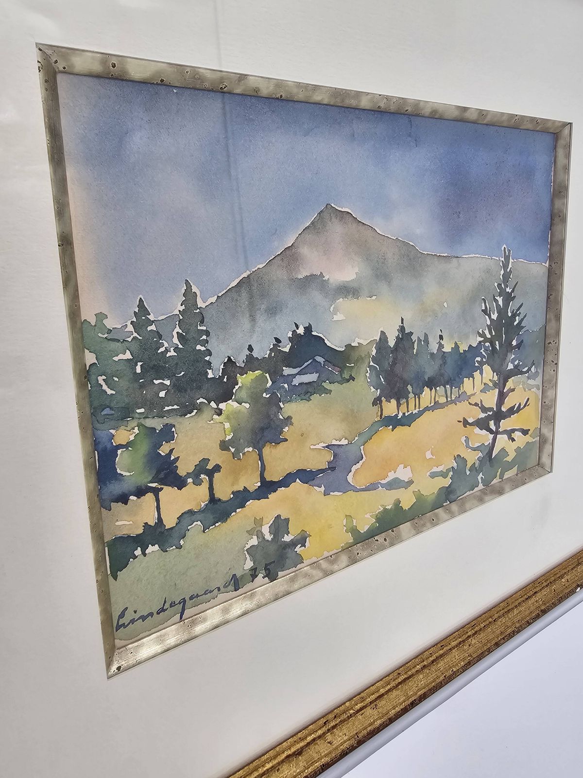 Framed Watercolor By Henri Lindegaard 1975   Forest And Mountain Landscape photo vintage