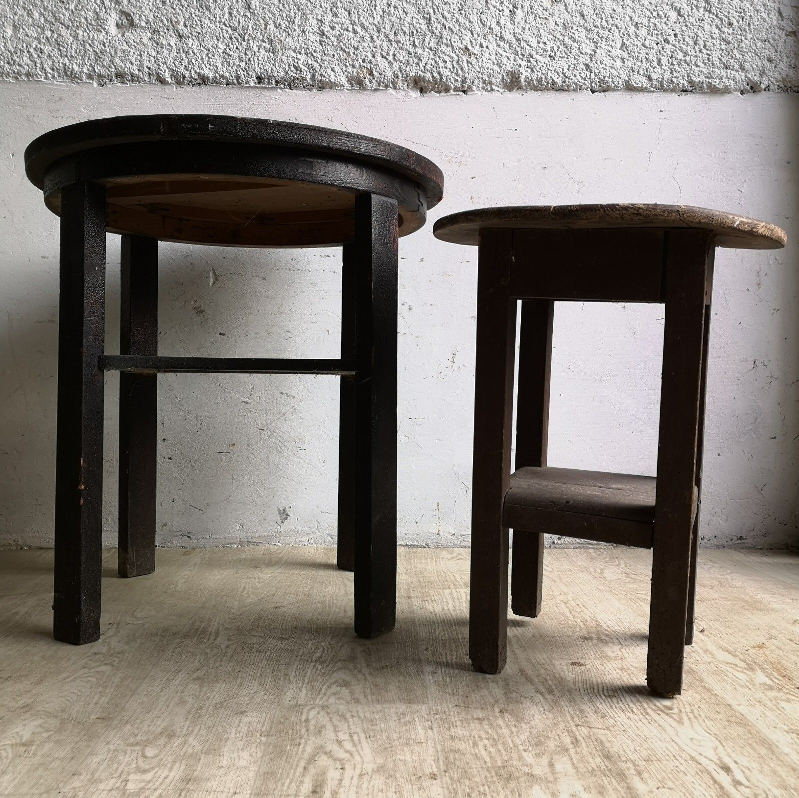 Set Of 2 Old Primitive Wooden Circular Tables Shabby Scratch Built, Atmospheric