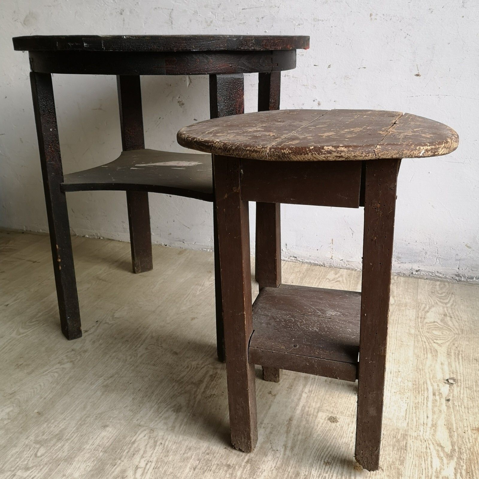 Set Of 2 Old Primitive Wooden Circular Tables Shabby Scratch Built, Atmospheric photo for sale