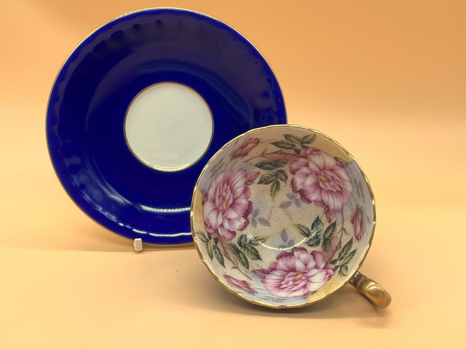 Aynsley China Cabbage Rose Cobalt Blue And Gold Footed And Fluted Cabinet Tea Cup & Saucer Duo. photo furniture